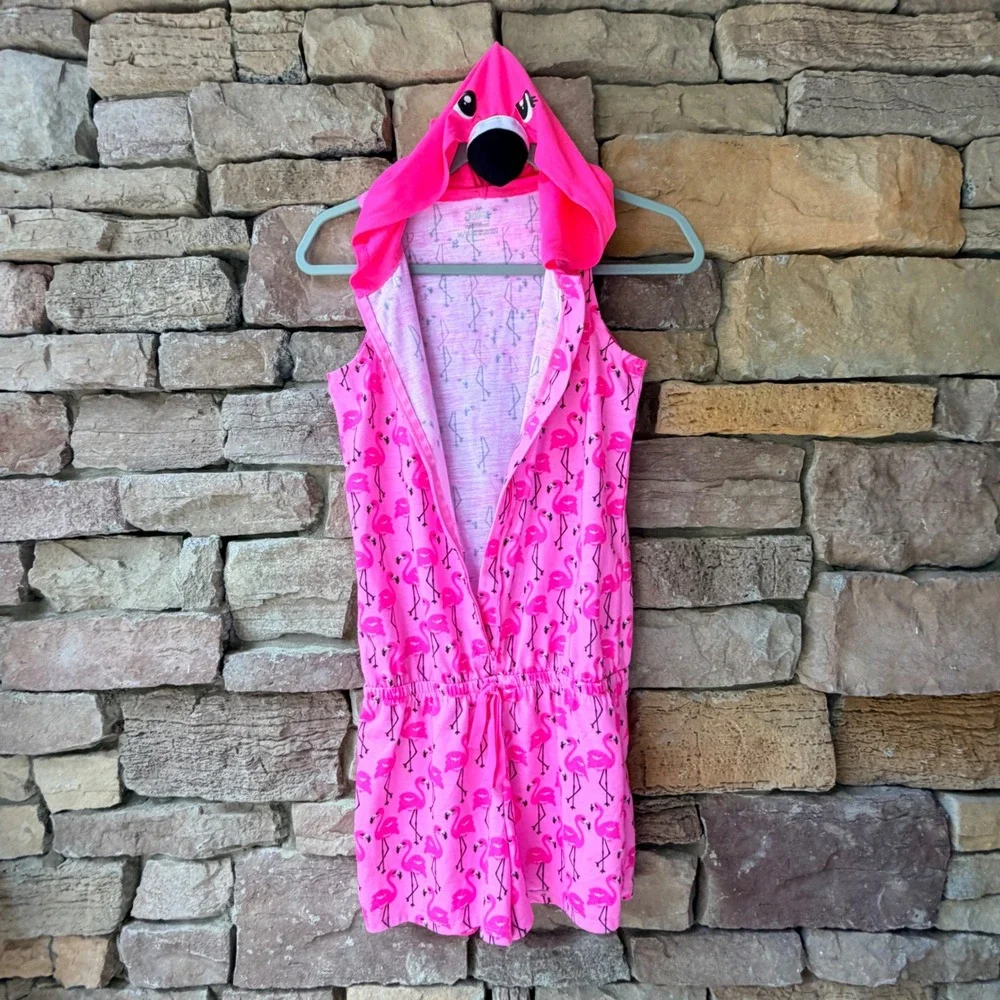 Justice Girls 14/16 Romper Pink Flamingo Hooded Zip Up Sleeveless Animal Novelty